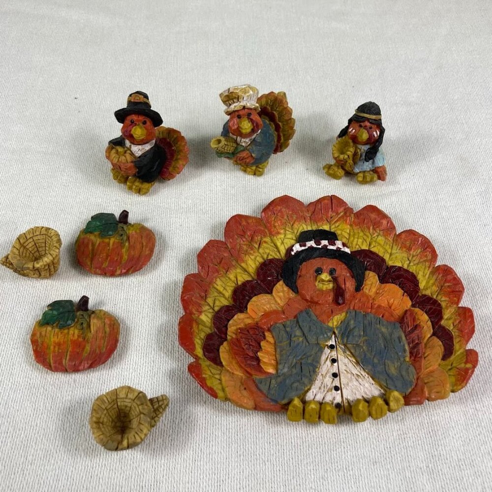 RARE - Resin Tea Set Thanksgiving Turkey Figurine Set Pilgrim Native Decor 1997